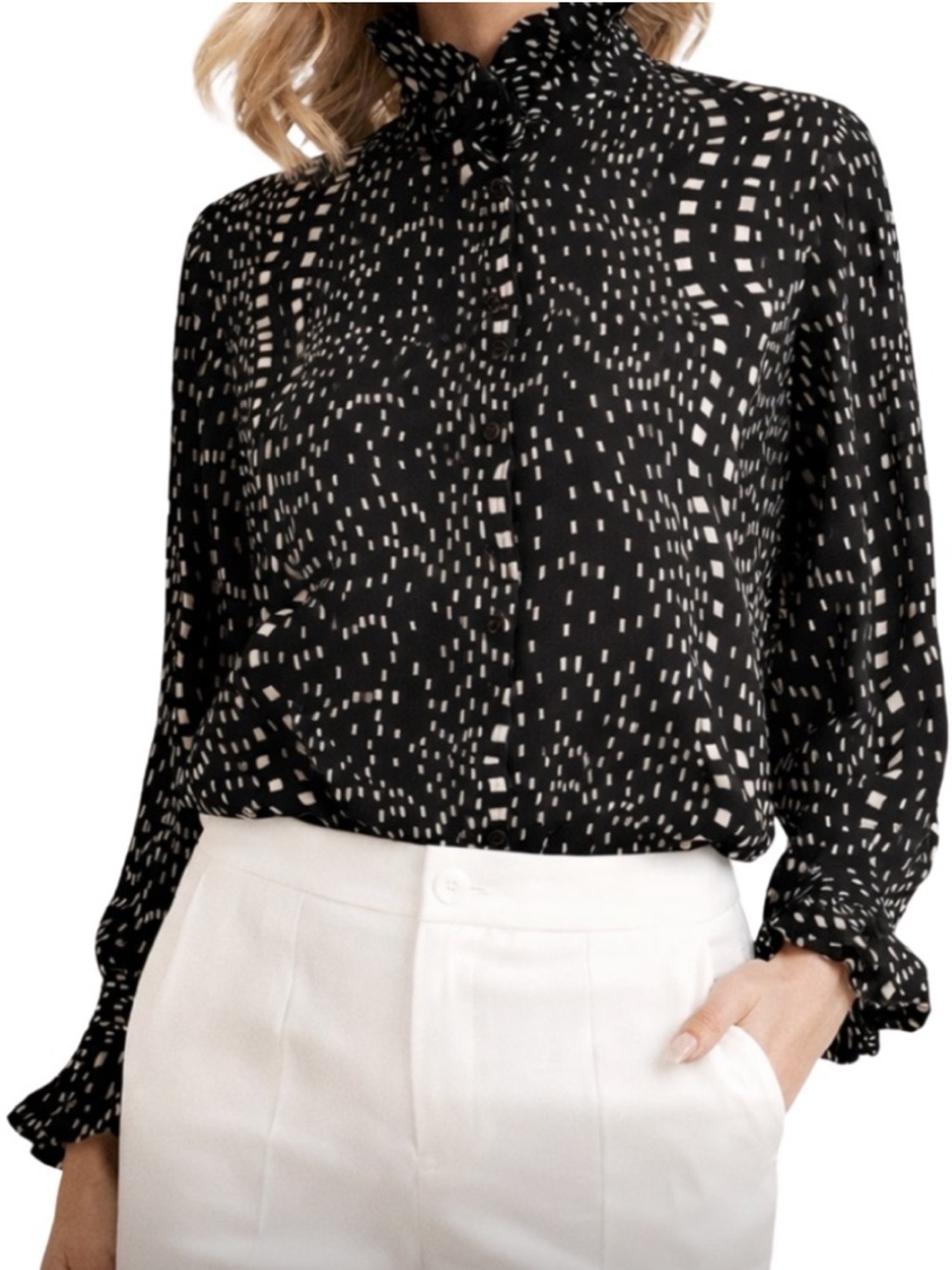 OLIPHANT Geo Print Ruffle Cuff/Collar Button Down Blouse Small